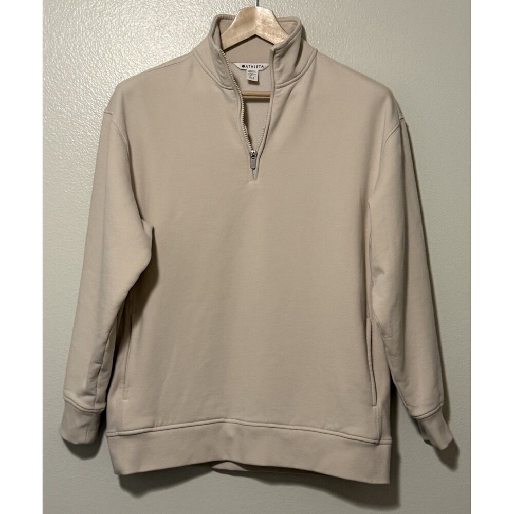 ATHLETA Forever Fleece 1/4 Zip Sweatshirt Ivory Beige Small Tall ST Athleisure